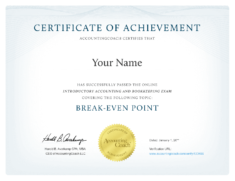Break-even Point Certificate of Achievement