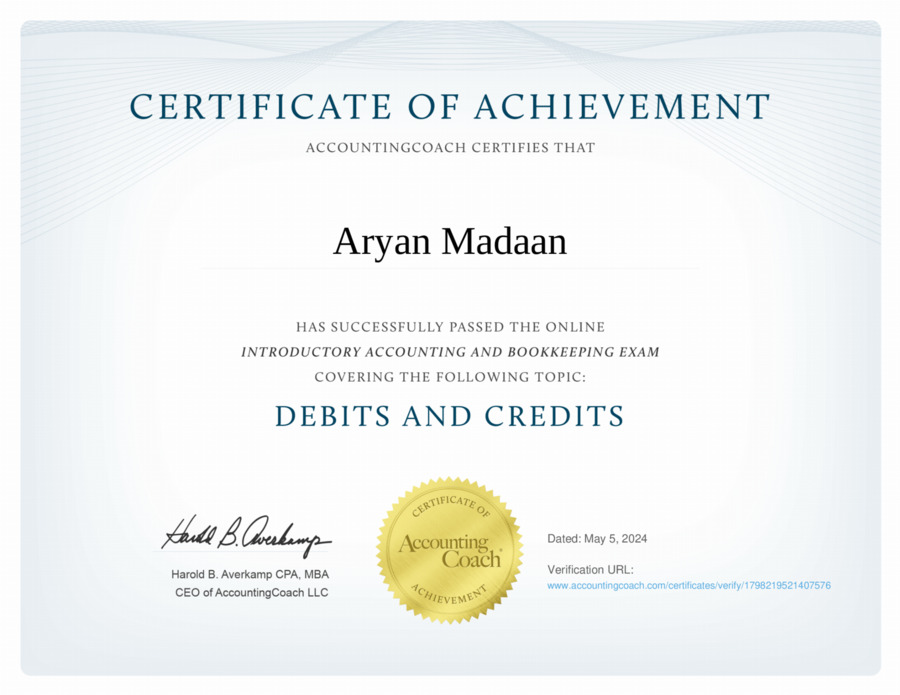 Certificate of Achievement | Debits and Credits | AccountingCoach