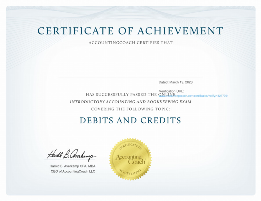 Debits and Credits Certificate of Achievement | AccountingCoach