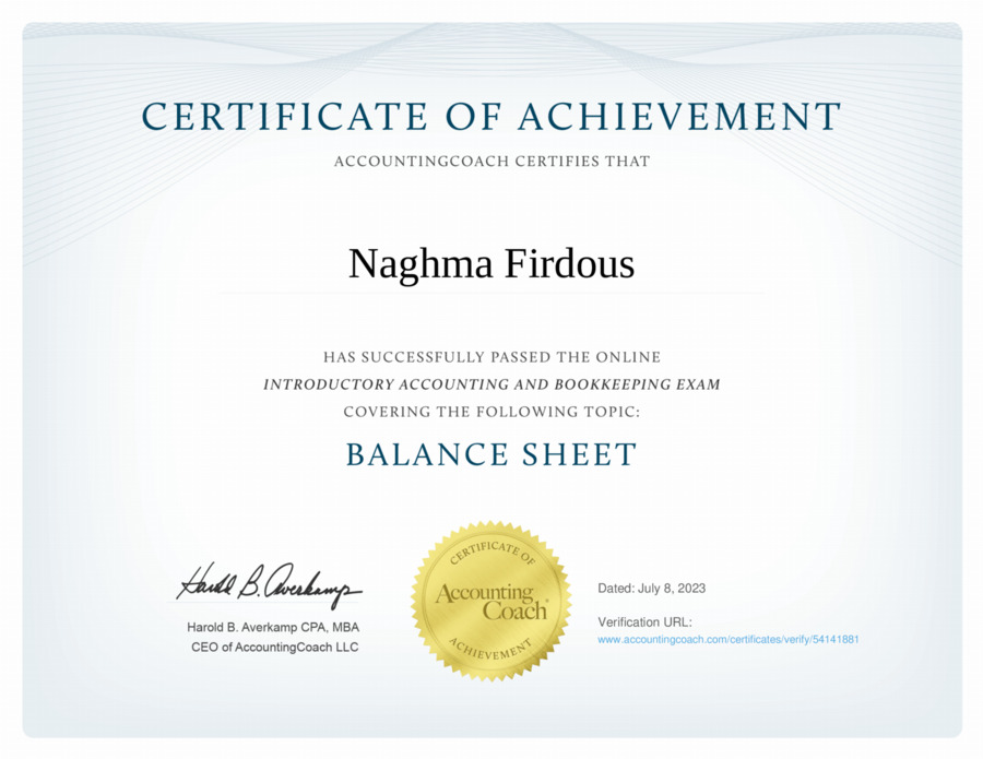 Certificate of Achievement | Balance Sheet | AccountingCoach
